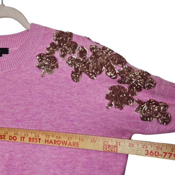J. Crew‎ Womens Pink Gold Sequined Merino Wool Sweater M Floral Boxy - Picture 8 of 11